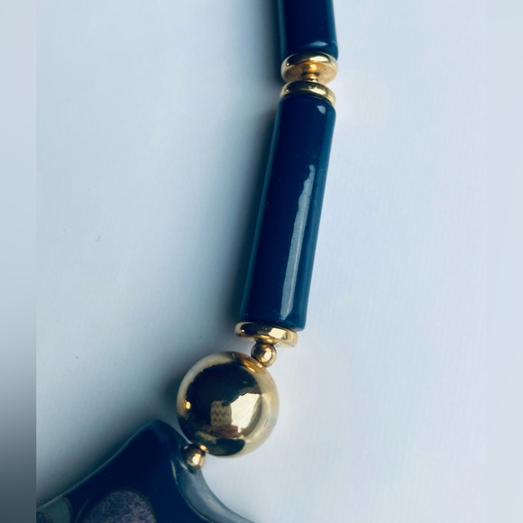 Vintage 2-Sided Japan Necklace Blue Cloisonné-like Design Gold Accents 45cm Long - Picture 4 of 10